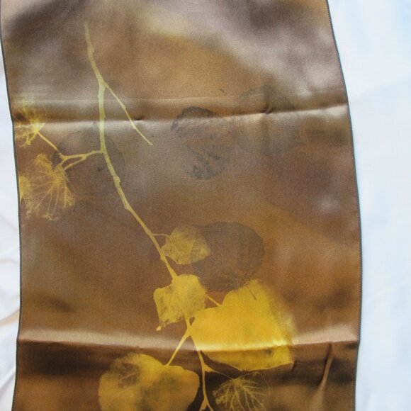 Joanna hand-painted brown silk scarf with ginko leaves - Picture 7 of 12